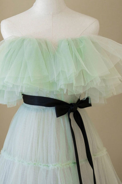 Vestido de fiesta largo de tul verde menta con hombros descubiertos, corte A, vestido de noche GG541