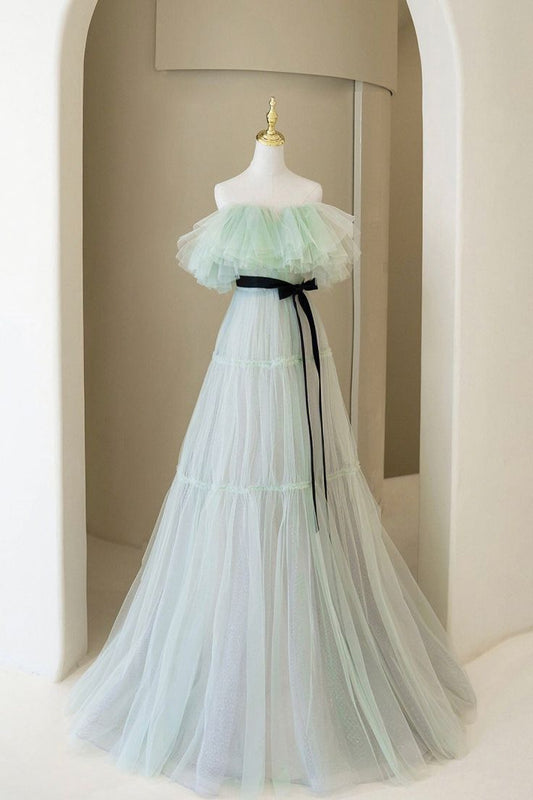 Vestido de fiesta largo de tul verde menta con hombros descubiertos, corte A, vestido de noche GG541