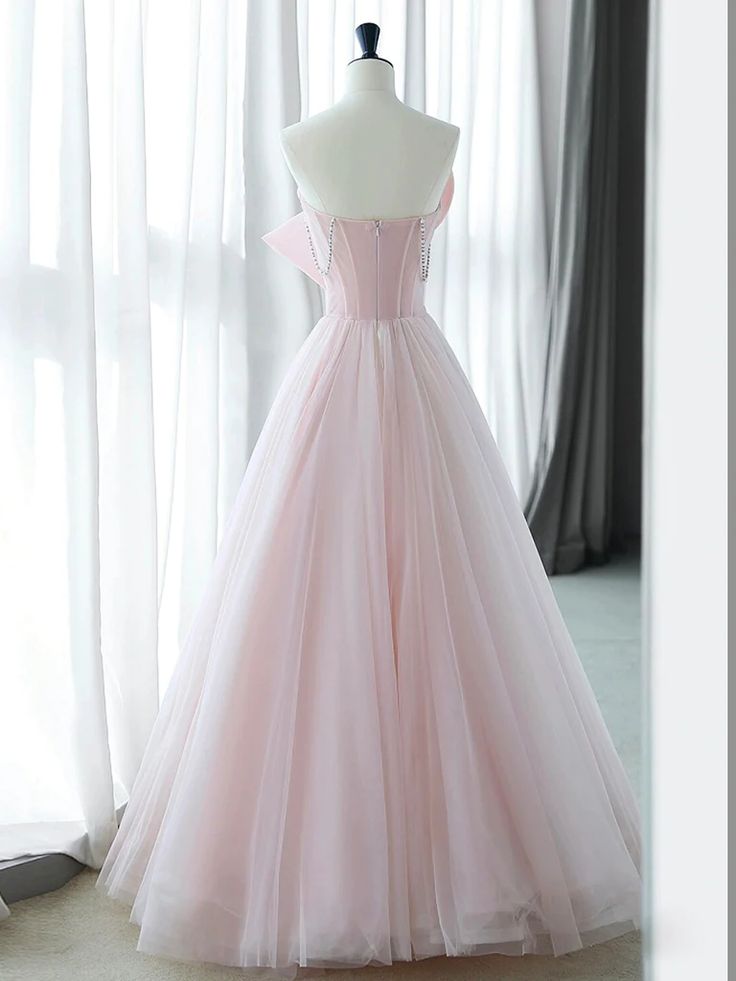 Vestido de fiesta largo de tul rosa con cuentas, sin tirantes y elegante corte A, vestido de noche GG544