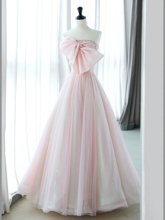 Vestido de fiesta largo de tul rosa con cuentas, sin tirantes y elegante corte A, vestido de noche GG544