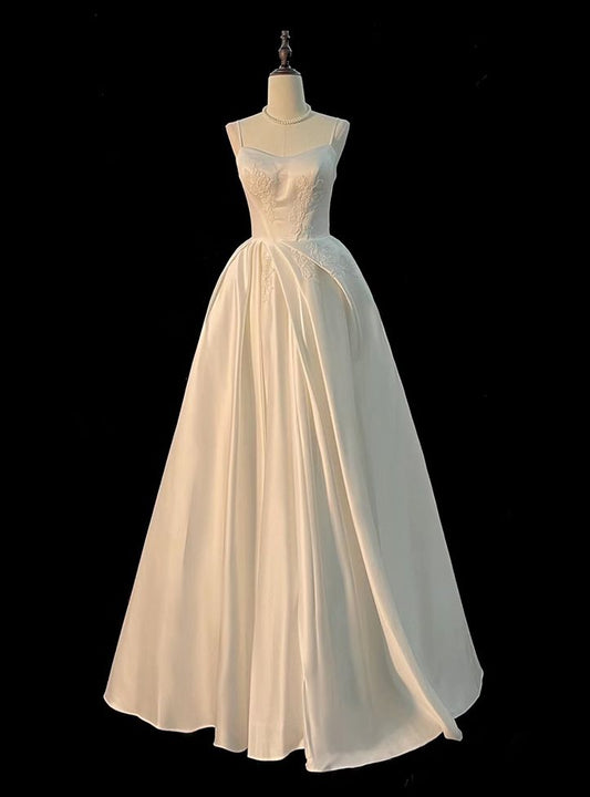 Vestido de fiesta largo de satén blanco con tirantes finos y corte en A, vestido de noche GG545