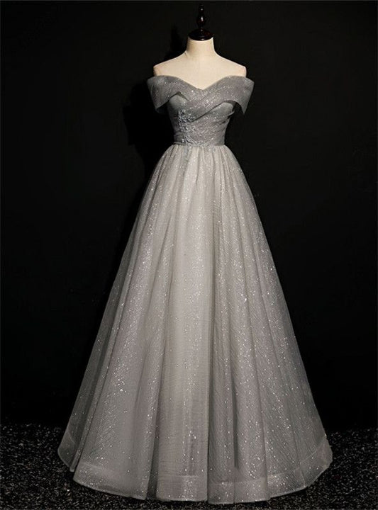 Vestido de fiesta largo de tul gris con hombros descubiertos y cuentas, corte en A, elegante, vestido de noche GG548