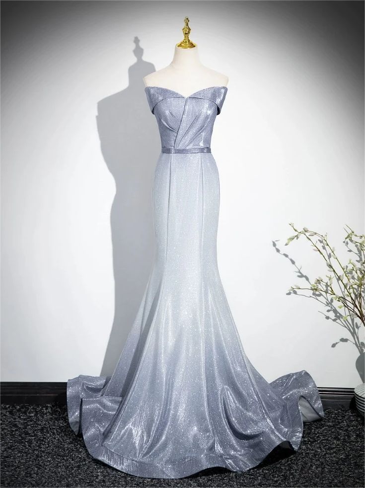 Vestido de fiesta largo de satén con lentejuelas y hombros descubiertos, corte sirena, GG553