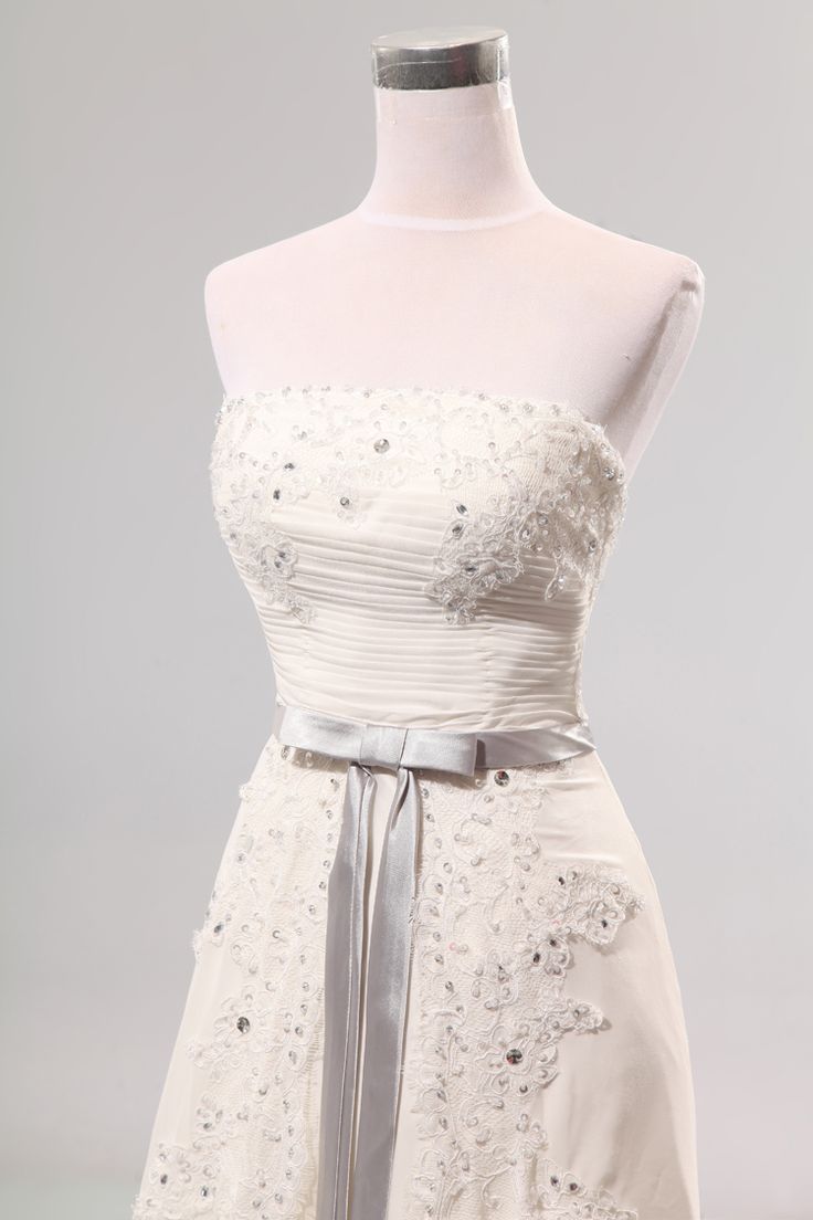 Vestido de fiesta largo sencillo de gasa color marfil, sin tirantes, con apliques, para novia y noche, GG557
