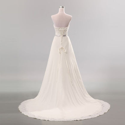 Vestido de fiesta largo sencillo de gasa color marfil, sin tirantes, con apliques, para novia y noche, GG557