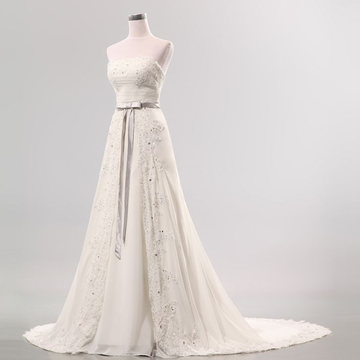 Vestido de fiesta largo sencillo de gasa color marfil, sin tirantes, con apliques, para novia y noche, GG557