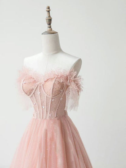 Vestido de fiesta largo de tul con cuentas y encaje color melocotón, corte en A, escote corazón y hombros descubiertos, vestido de noche GG558