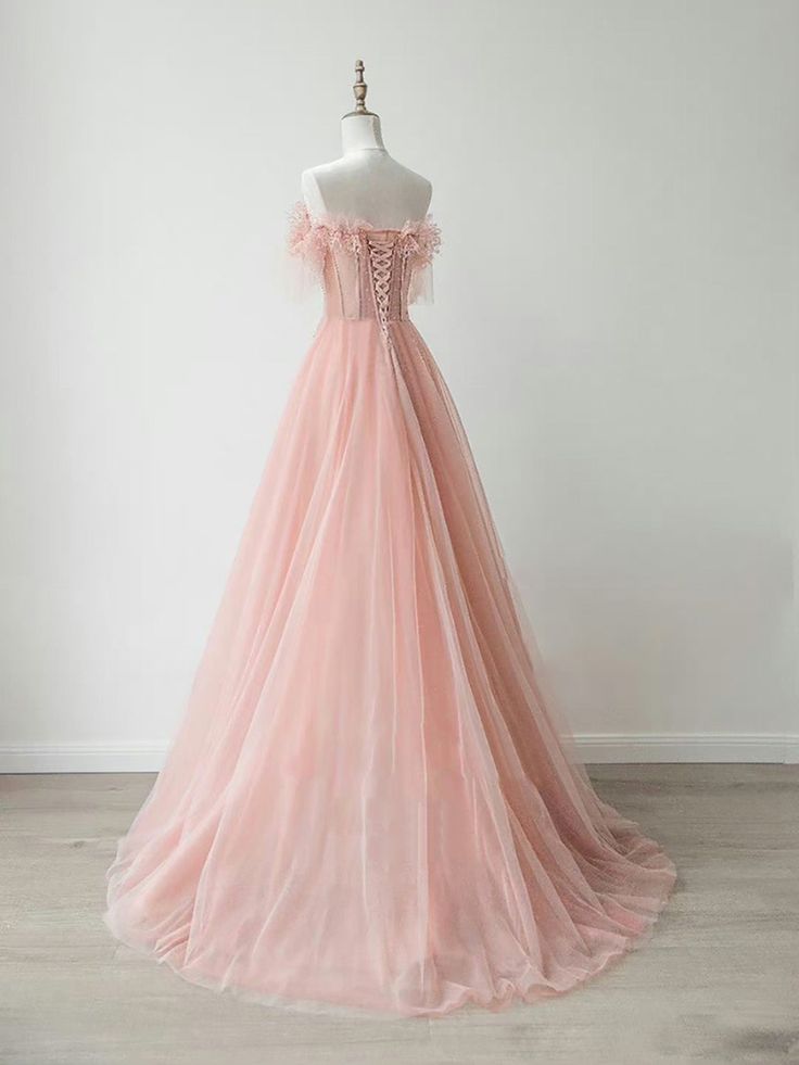 Vestido de fiesta largo de tul con cuentas y encaje color melocotón, corte en A, escote corazón y hombros descubiertos, vestido de noche GG558