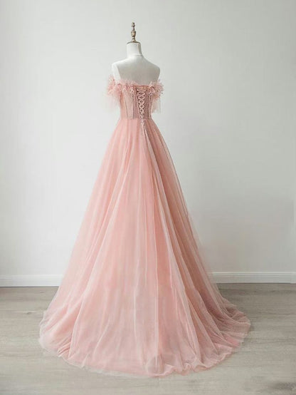 Vestido de fiesta largo de tul con cuentas y encaje color melocotón, corte en A, escote corazón y hombros descubiertos, vestido de noche GG558