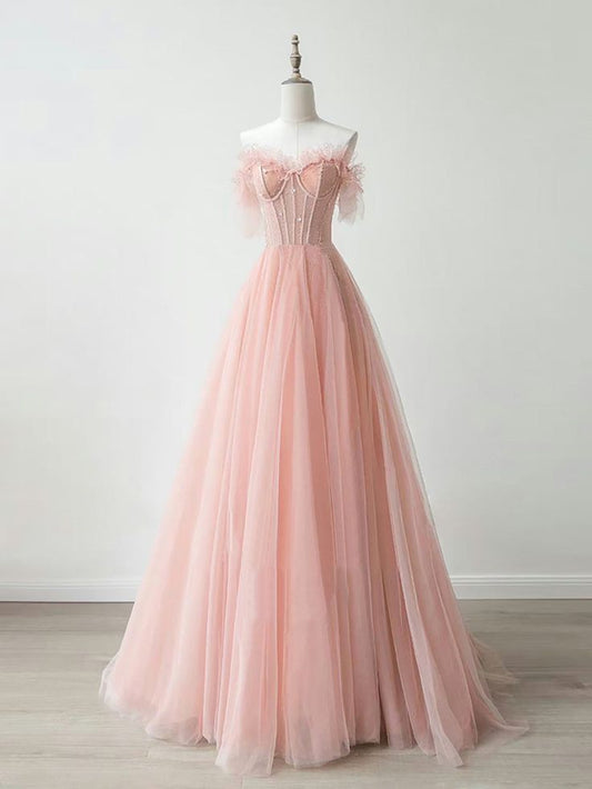 Vestido de fiesta largo de tul con cuentas y encaje color melocotón, corte en A, escote corazón y hombros descubiertos, vestido de noche GG558