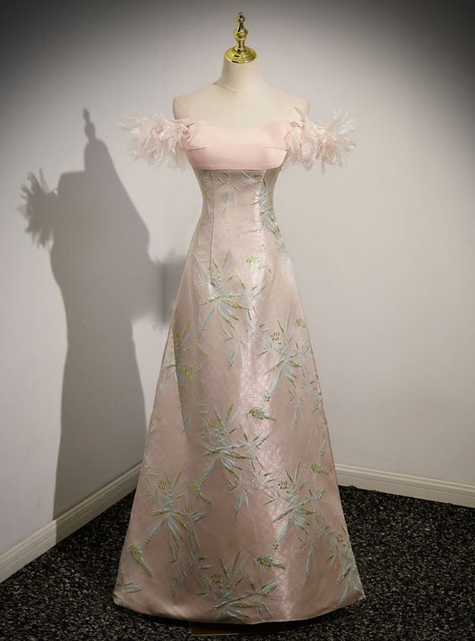 Elegante vestido de fiesta largo de satén rosa con hombros descubiertos y estampado, vestido de noche GG560