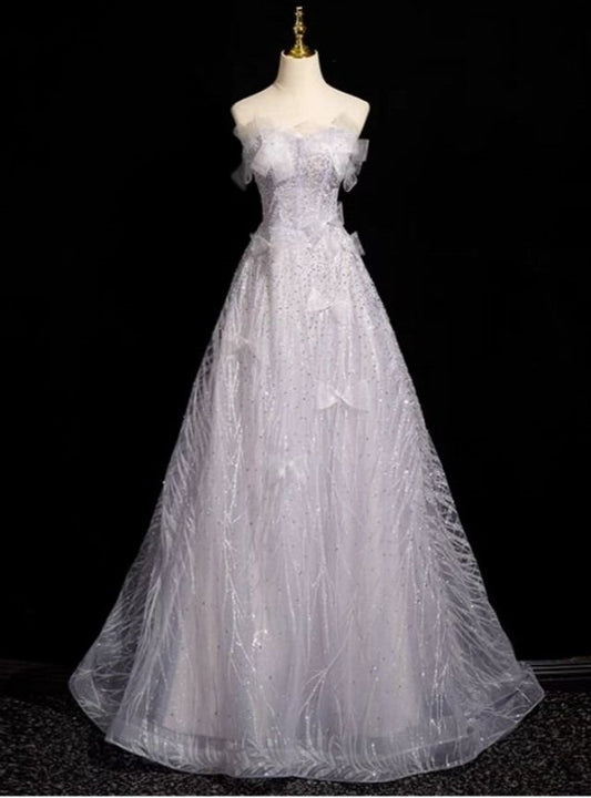 Elegante vestido de fiesta largo de tul morado claro con hombros descubiertos y lazo, vestido de noche GG561