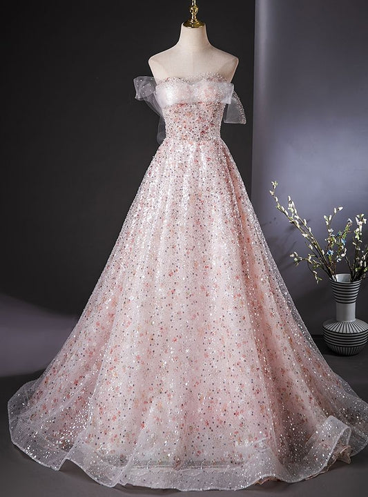 Elegante vestido de fiesta largo de tul rosa con lentejuelas y hombros descubiertos, vestido de noche GG562