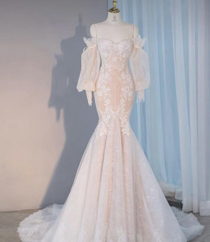 Vestido de fiesta largo de sirena con hombros descubiertos, apliques de tul y mangas largas, vestido de noche GG565