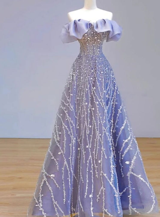 Vestido de fiesta largo de tul con lentejuelas y hombros descubiertos, elegante, corte A, vestido de noche GG571