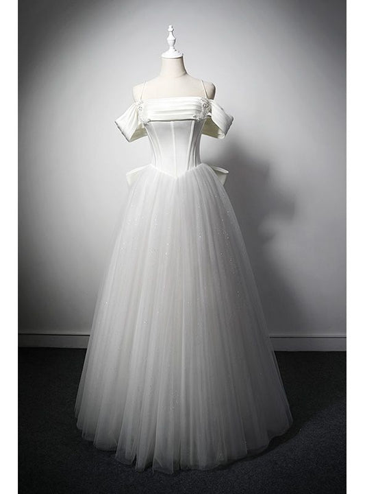 Vestido de fiesta largo elegante de corte A con tirantes finos, tul blanco y lentejuelas, vestido de noche GG572