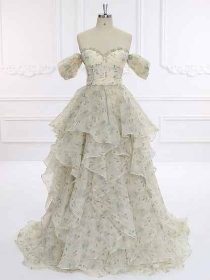 Elegante vestido de fiesta largo de gasa con estampado floral y hombros descubiertos, vestido de noche GG575