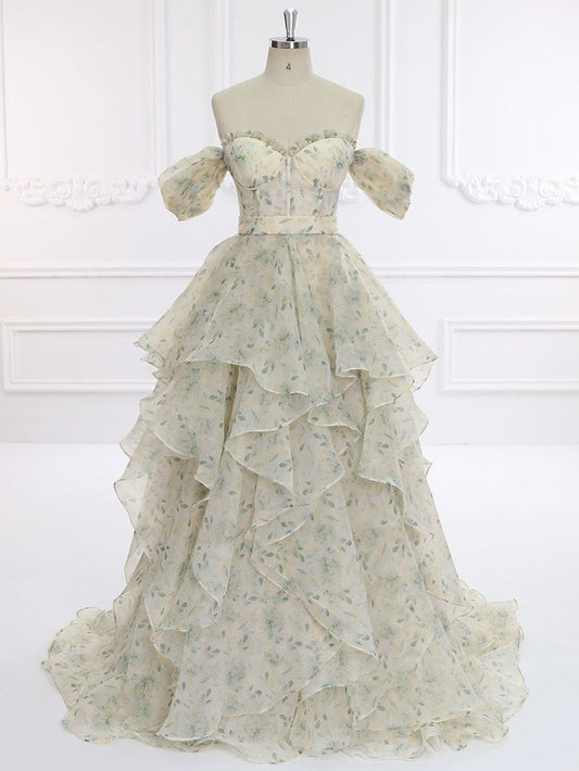 Elegante vestido de fiesta largo de gasa con estampado floral y hombros descubiertos, vestido de noche GG575