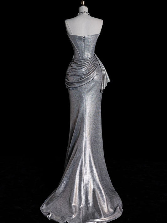 Hermoso vestido de fiesta largo de satén plisado sin tirantes y corte sirena, vestido de noche GG583