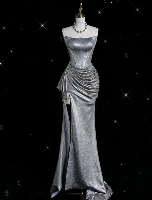 Hermoso vestido de fiesta largo de satén plisado sin tirantes y corte sirena, vestido de noche GG583