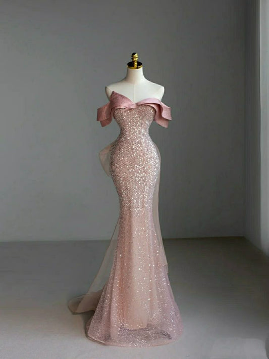 Vestido de fiesta largo de sirena con hombros descubiertos, tul rosa champán y lentejuelas, vestido de noche GG588