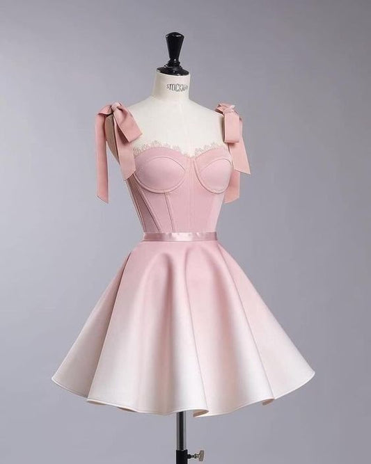 Vestido de fiesta corto de satén con tirantes y lazo, corte en A, degradado, para regreso a casa y noche, GG596