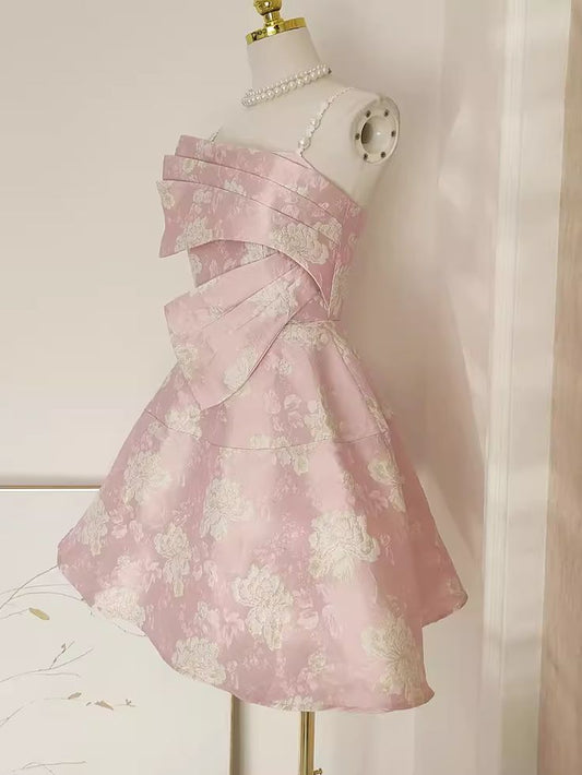 Exquisito vestido de fiesta corto de satén rosa con tirantes de perlas y corte en A, vestido de regreso a casa y vestido de noche GG598