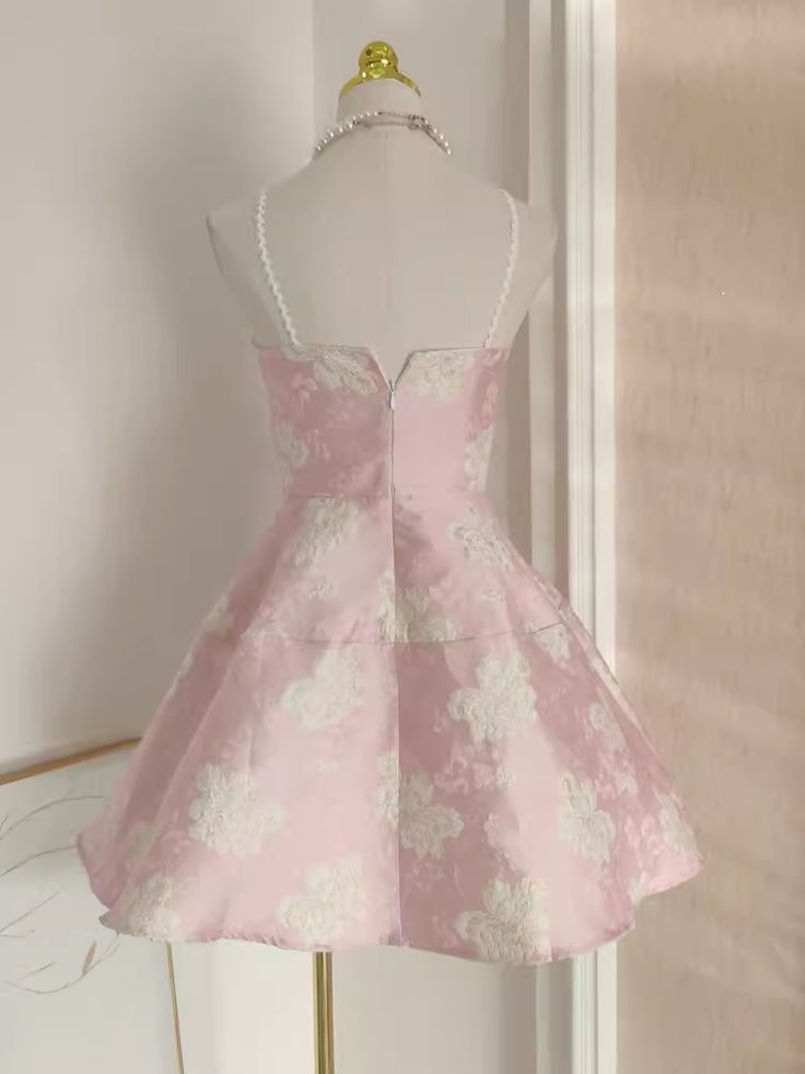 Exquisito vestido de fiesta corto de satén rosa con tirantes de perlas y corte en A, vestido de regreso a casa y vestido de noche GG598