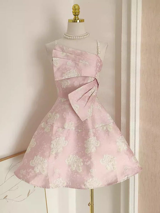 Exquisito vestido de fiesta corto de satén rosa con tirantes de perlas y corte en A, vestido de regreso a casa y vestido de noche GG598