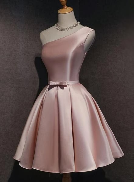 Exquisito vestido de fiesta corto de satén rosa con un solo hombro, corte A, para regreso a casa y noche GG599