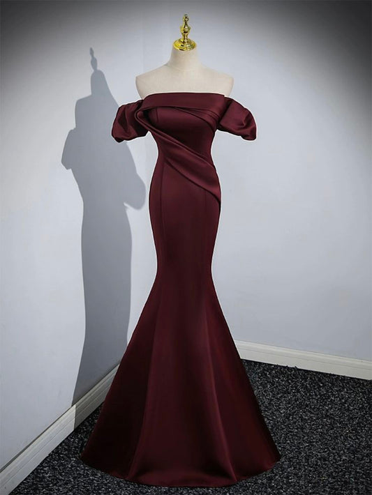 Vestido de fiesta largo de satén con pliegues en rojo óxido, corte sirena, hombros descubiertos, vestido de noche GG601
