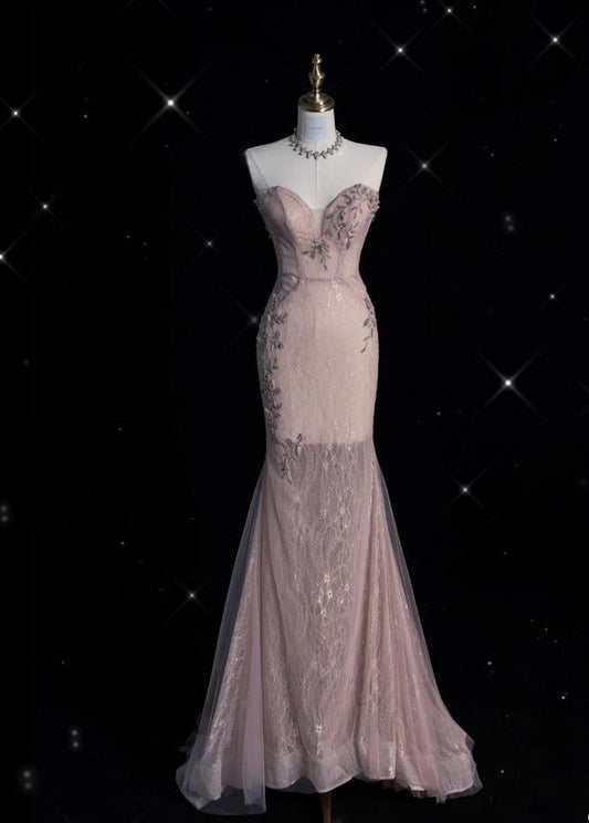Vestido de fiesta largo con apliques de tul rosa empolvado y escote corazón de sirena elegante, vestido de noche GG620