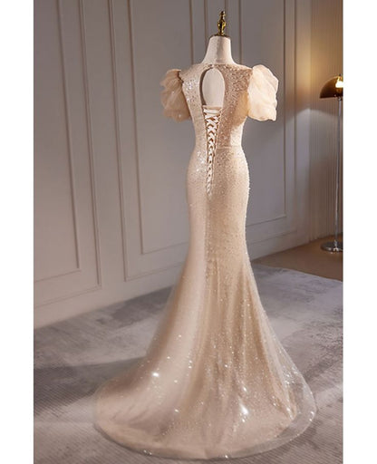 Vestido de fiesta largo con escote corazón, elegante, corte sirena, con cuentas color champán, mangas abullonadas cortas, vestido de noche GG624