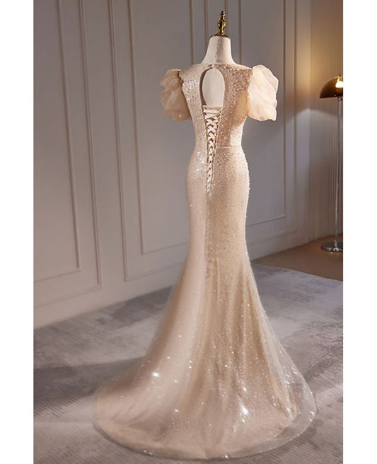 Vestido de fiesta largo con escote corazón, elegante, corte sirena, con cuentas color champán, mangas abullonadas cortas, vestido de noche GG624
