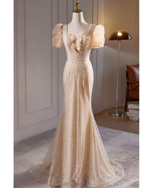Vestido de fiesta largo con escote corazón, elegante, corte sirena, con cuentas color champán, mangas abullonadas cortas, vestido de noche GG624