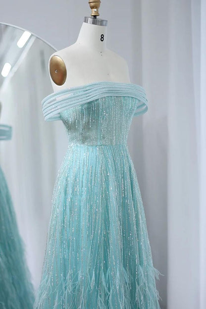 Vestido de fiesta largo glamuroso de tul con plumas de imitación y hombros descubiertos, corte A, vestido de noche GG641