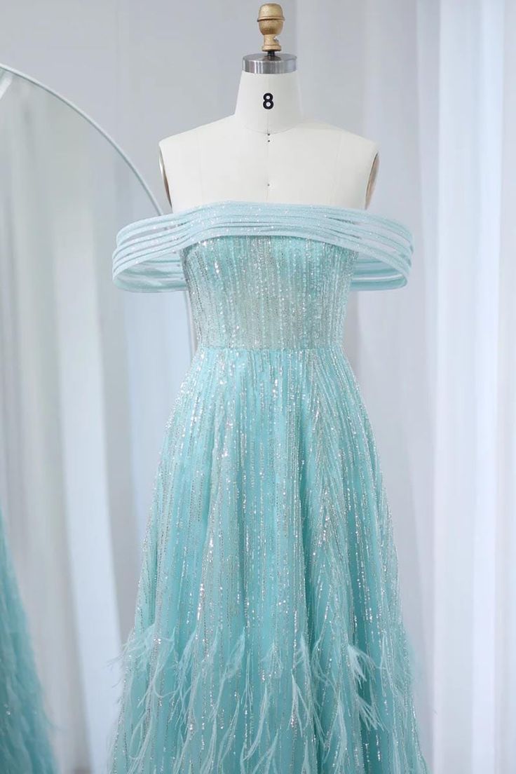 Vestido de fiesta largo glamuroso de tul con plumas de imitación y hombros descubiertos, corte A, vestido de noche GG641