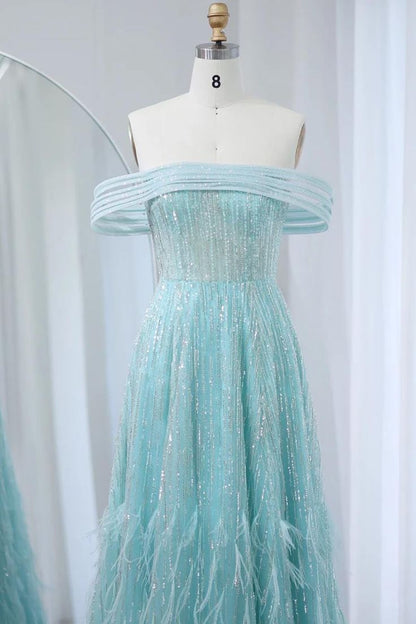 Vestido de fiesta largo glamuroso de tul con plumas de imitación y hombros descubiertos, corte A, vestido de noche GG641