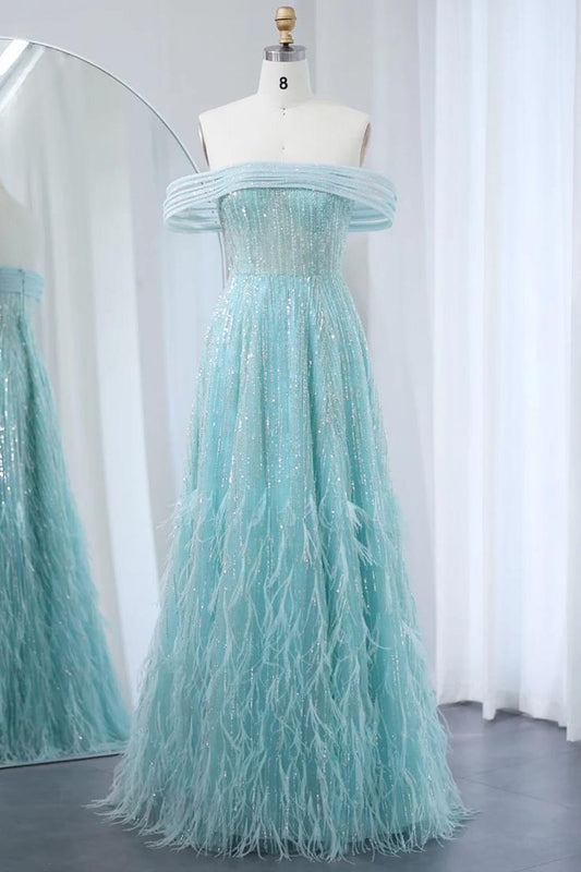 Vestido de fiesta largo glamuroso de tul con plumas de imitación y hombros descubiertos, corte A, vestido de noche GG641