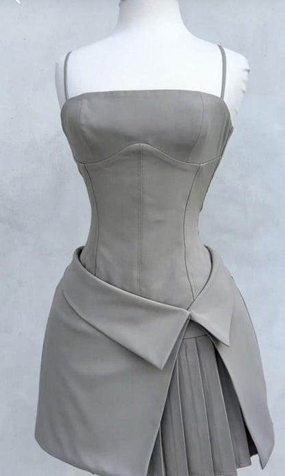 Vestido de fiesta corto de satén gris con tirantes finos, corte A, para regreso a casa y noche, GG650