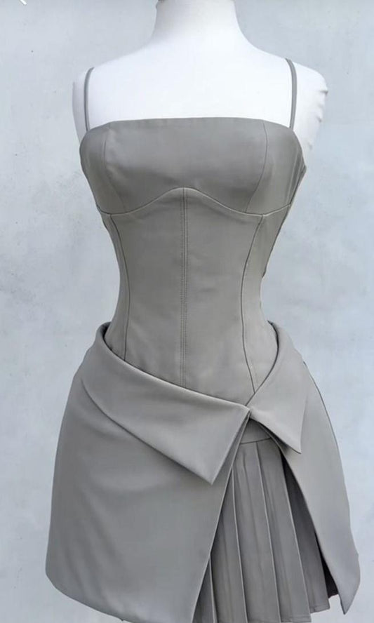 Vestido de fiesta corto de satén gris con tirantes finos, corte A, para regreso a casa y noche, GG650