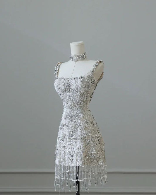 Vestido de fiesta corto Glam A de satén cuadrado con borlas y cuentas, vestido de regreso a casa y vestido de noche GG652