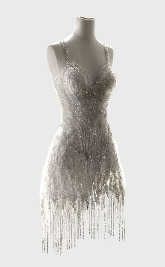 Vestido de fiesta corto de satén con escote en forma de corazón y borlas con purpurina, vestido de regreso a casa y vestido de noche GG653