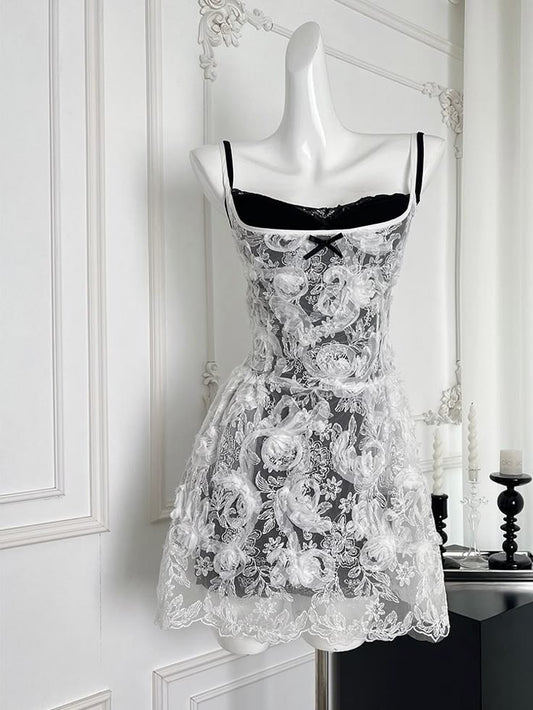 Vestido de fiesta corto de lujo de dos capas con tirantes finos, corte A, encaje, para regreso a casa y noche GG657