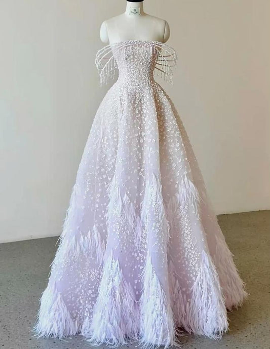 Vestido de fiesta largo de gasa con plumas de imitación y cuentas, corte en A, hombros descubiertos, vestido de noche GG665
