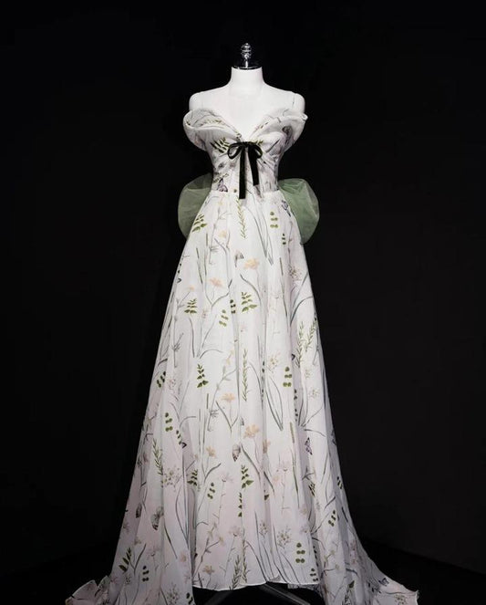 Vestido de fiesta largo de gasa blanca con escote en forma de corazón y lazo, elegante, de noche, GG667