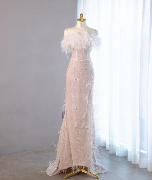 Vestido de fiesta largo de satén con plumas y cuentas, estilo sirena, sin tirantes, elegante, vestido de noche GG678