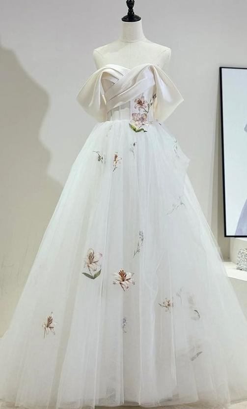 Vestido de fiesta largo con apliques de tul y hombros descubiertos, corte A, vestido de noche GG681