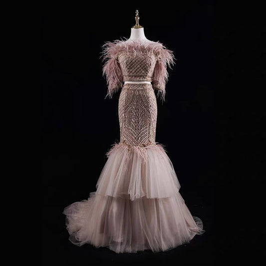 Hermoso vestido de fiesta largo de tul con escote sirena y hombros descubiertos, con dobladillo de cuentas, vestido de noche GG683