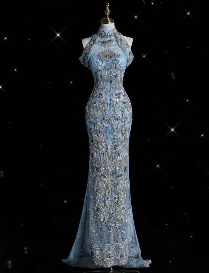 Vestido de fiesta largo de satén con apliques de cuentas y hombros descubiertos estilo sirena retro, vestido de noche GG685